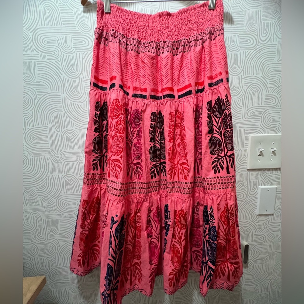 Anthropologie Bright pink block print peasent skirt